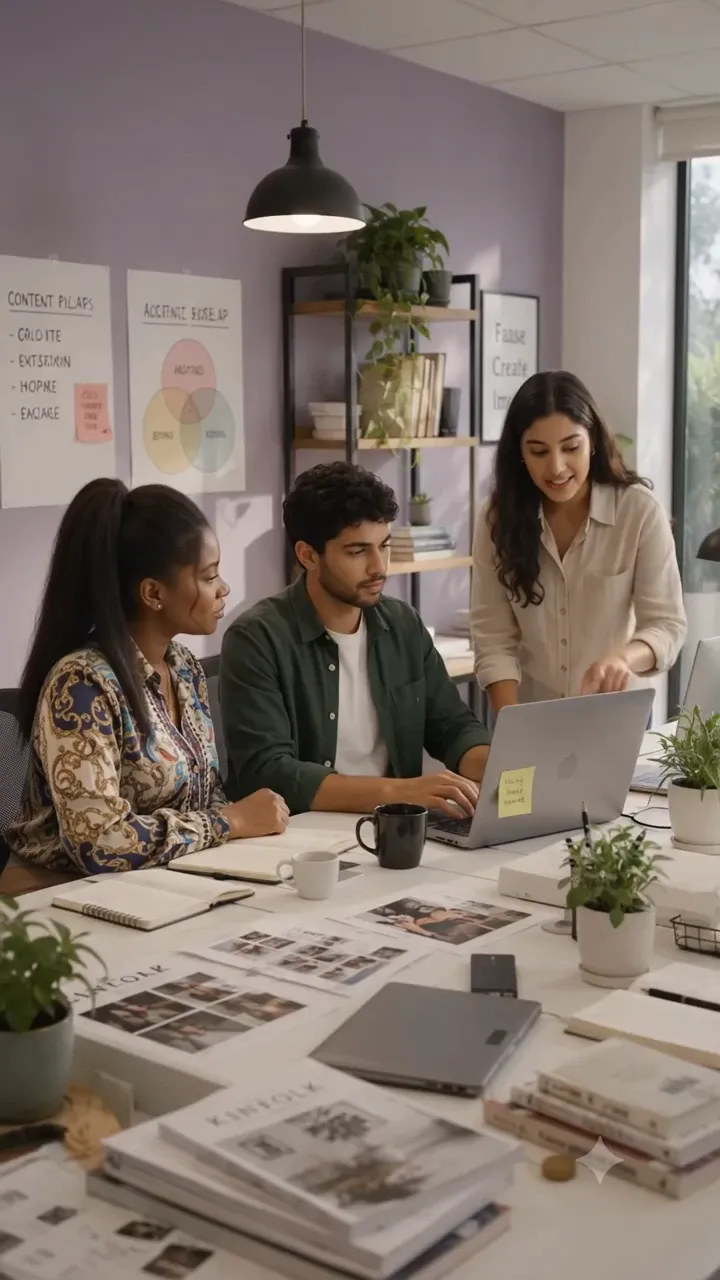 Discovr marketing specialists collaborating around a laptop
