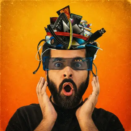 Tech creator surrounded by gadgets