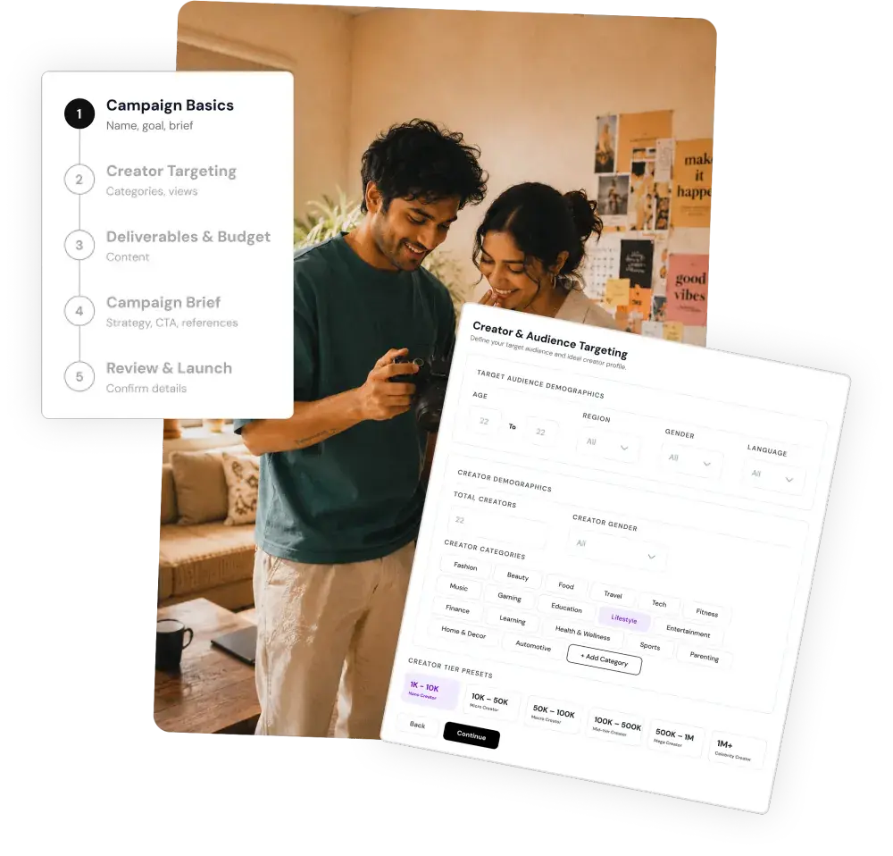 Campaign planning workflow with a step-by-step brief builder and audience targeting panel